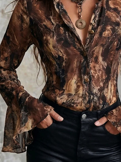 Blusa boho in chiffon toni terra – vista 9