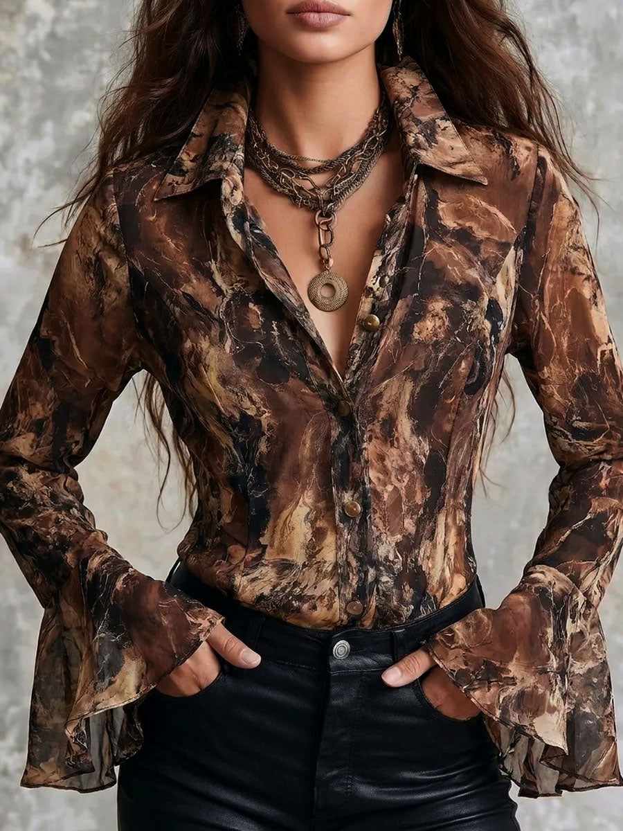 Blusa boho in chiffon marrone – vista frontale