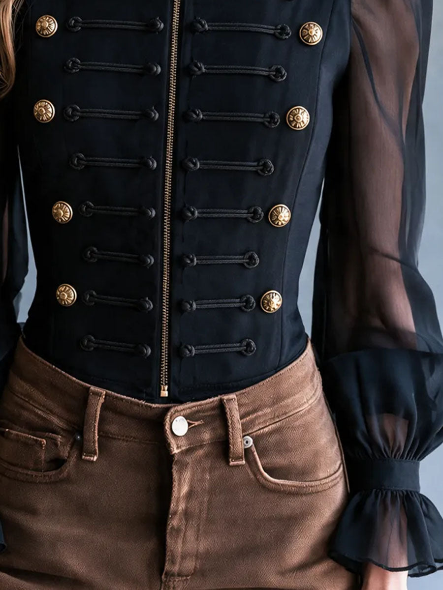 Camicia corta retrò nera con volant – dettaglio 7