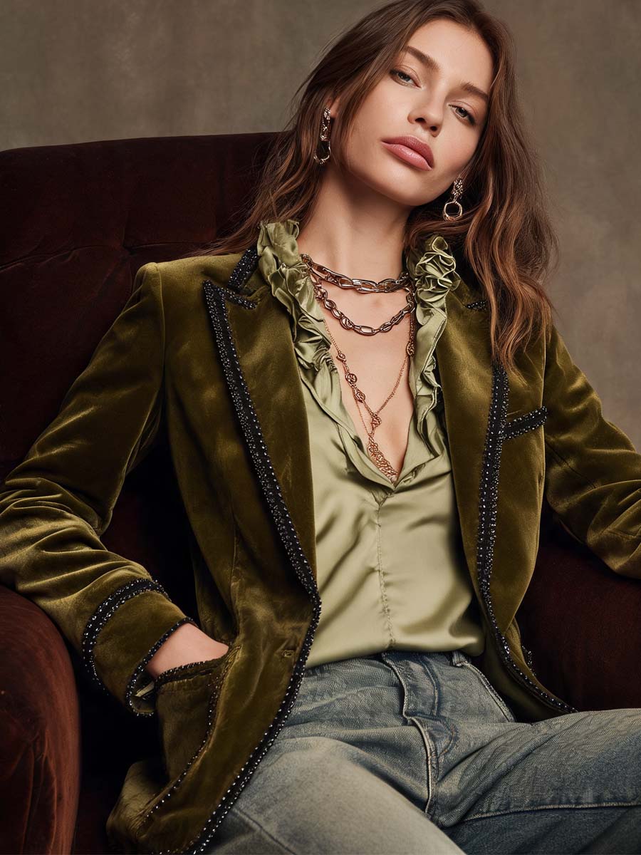 Giacca boho in velluto verde oliva con bordo nero – dettaglio 1