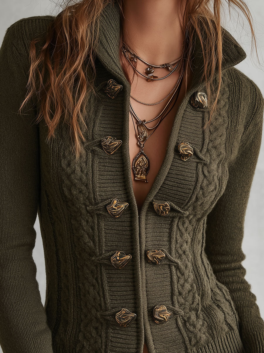 Cardigan a trecce verde militare – vista laterale