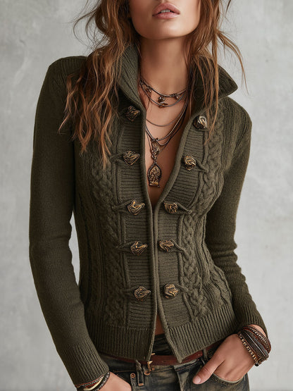 Cardigan a trecce verde militare – vista frontale