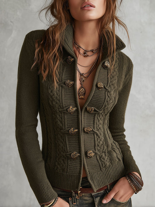 Cardigan a trecce verde militare – vista frontale