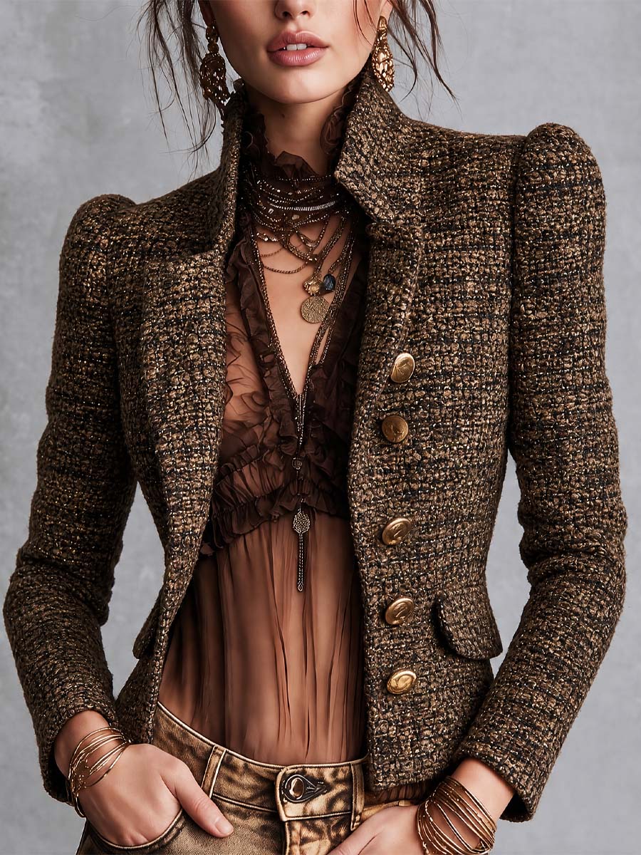 Blazer doppiopetto in tweed marrone – vista frontale
