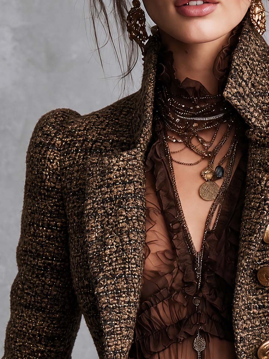 Blazer doppiopetto in tweed marrone – dettaglio 6