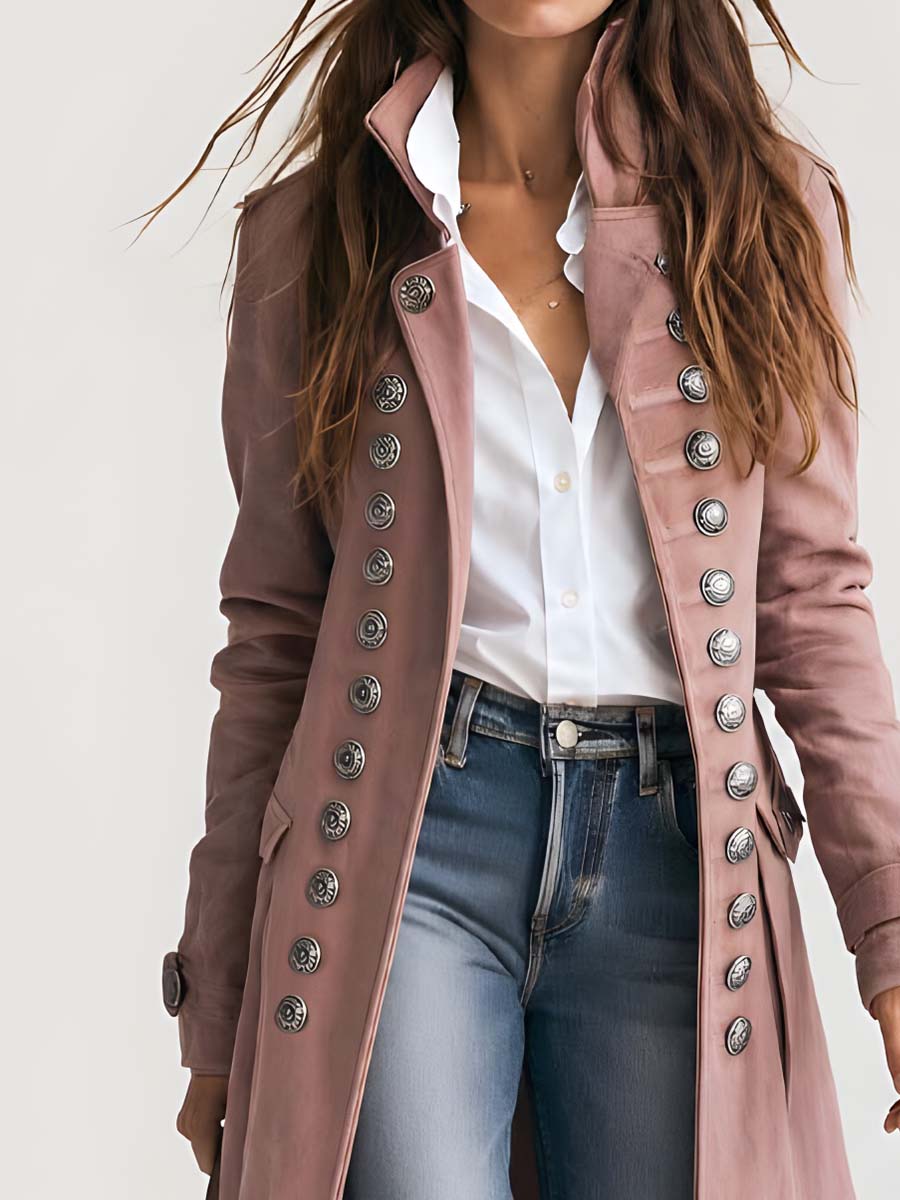Cappotto scamosciato rosa antico stile militare – dettaglio 2