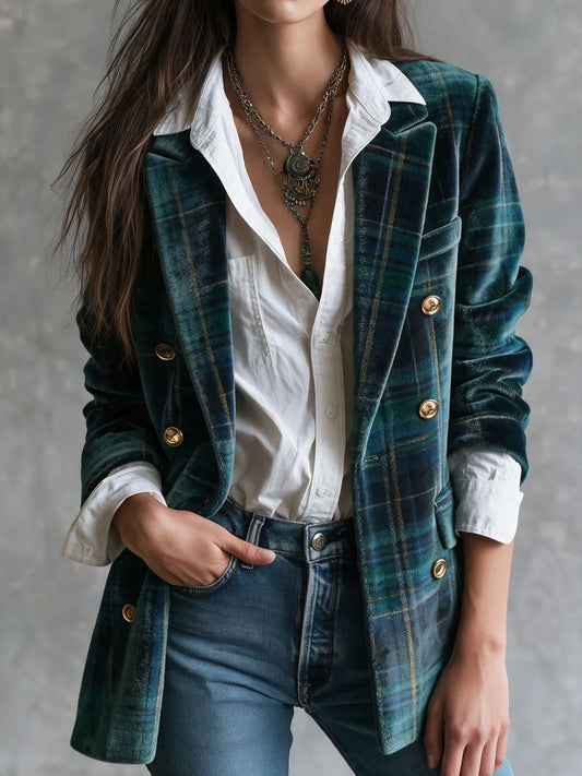 Giacca vintage tartan in velluto doppiopetto – vista frontale