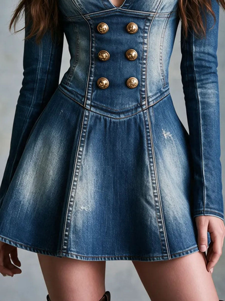 Abito mini in denim lavato con collo alla coreana – dettaglio 2