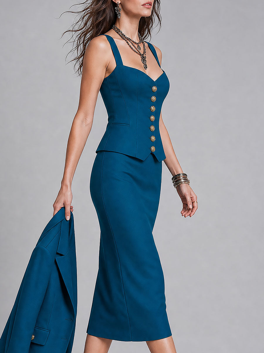 Completo top e gonna con spacco blu pavone – dettaglio 2