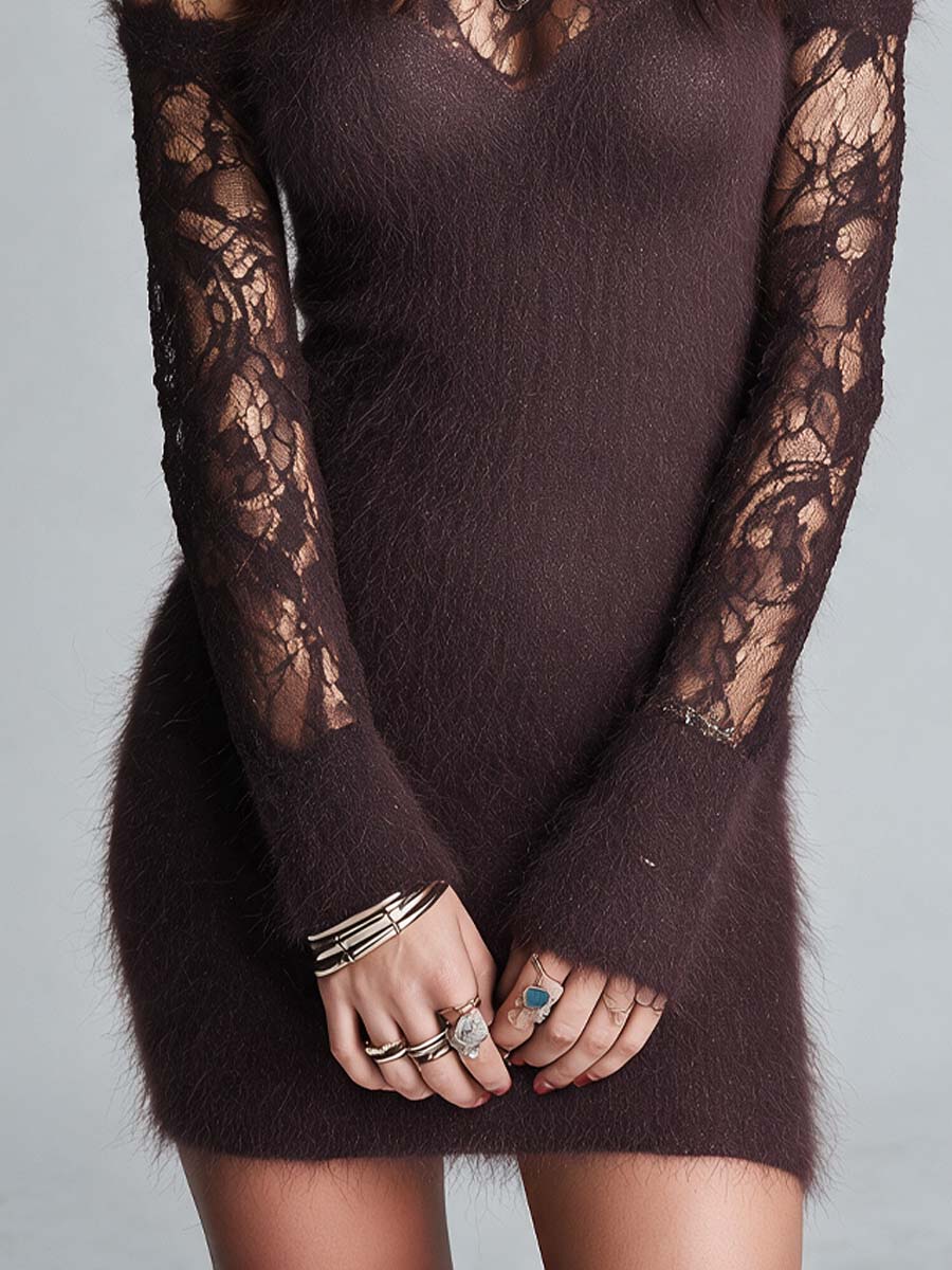 Abito mini viola polvere in mohair e pizzo – dettaglio 4