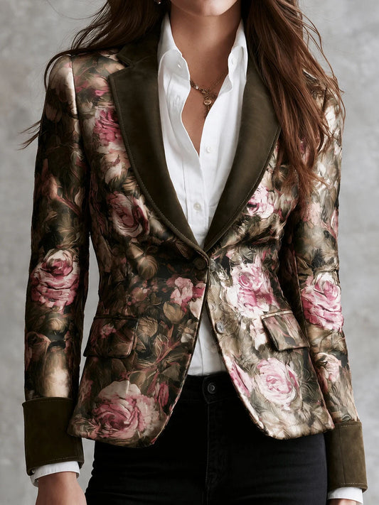 Blazer scamosciato verde oliva con rose vittoriane – vista frontale