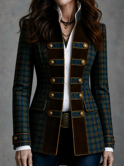 Blazer tartan scozzese con finiture scamosciate – vista frontale