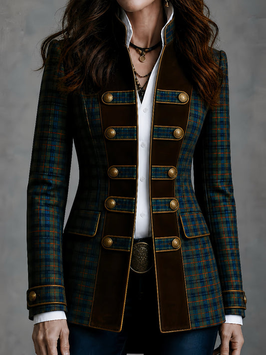 Blazer tartan scozzese con finiture scamosciate – vista frontale