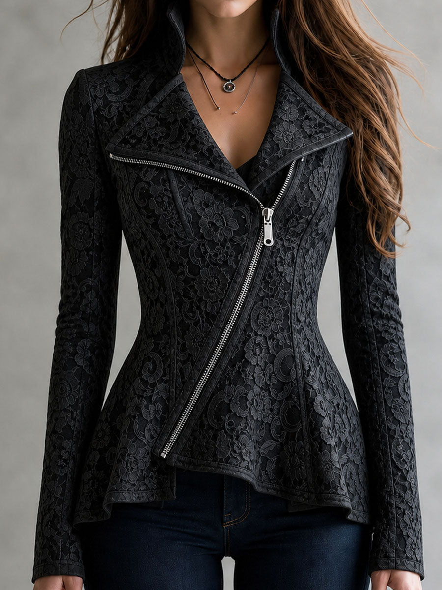 Giacca biker nera retrò con zip diagonale e pizzo – vista frontale