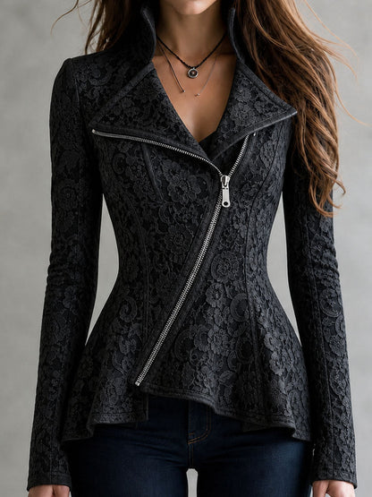 Giacca biker nera retrò con zip diagonale e pizzo – vista frontale