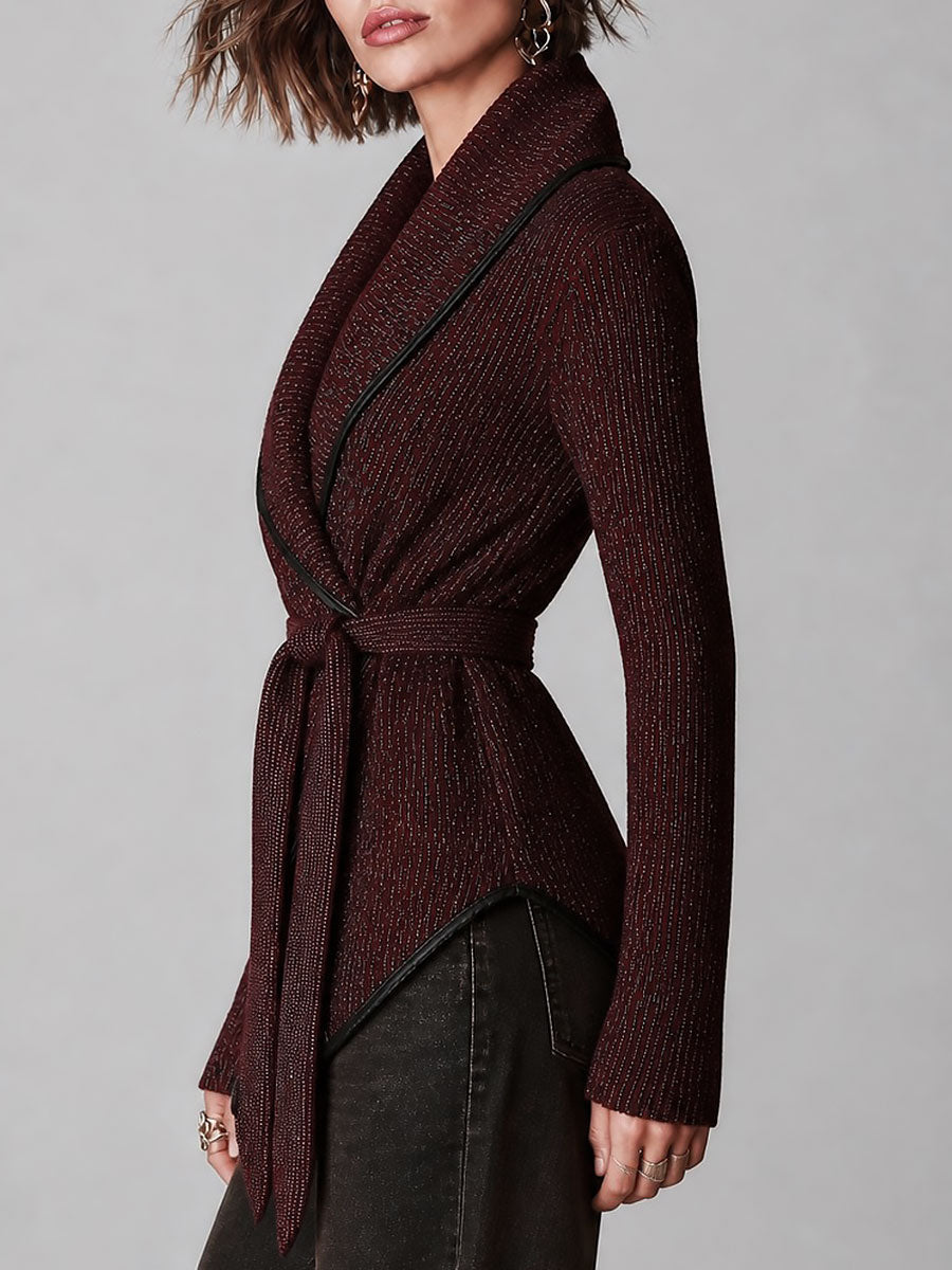 Cardigan boho bordeaux con cintura – dettaglio 1