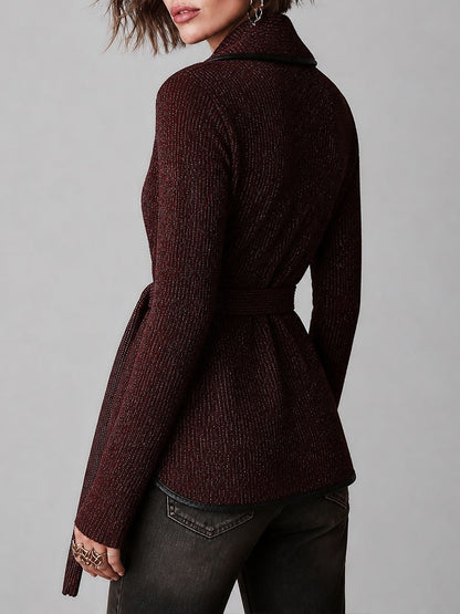Cardigan boho bordeaux con cintura – dettaglio 2
