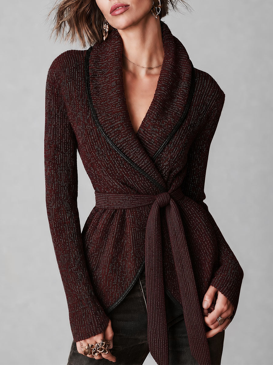 Cardigan boho bordeaux con cintura – vista frontale