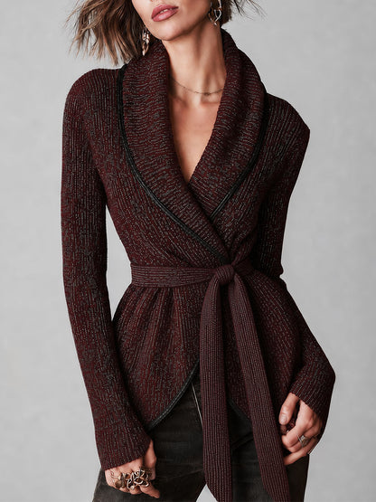 Cardigan boho bordeaux con cintura – vista frontale