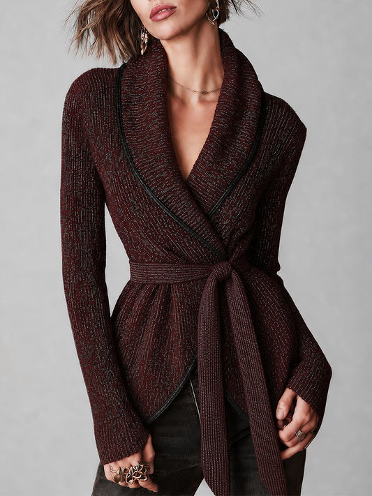 Cardigan boho bordeaux con cintura – vista frontale