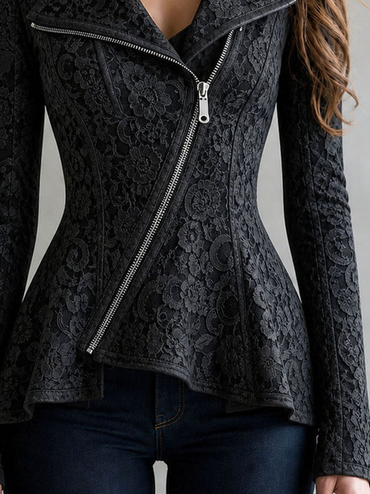 Giacca biker nera retrò con zip diagonale e pizzo – dettaglio 1