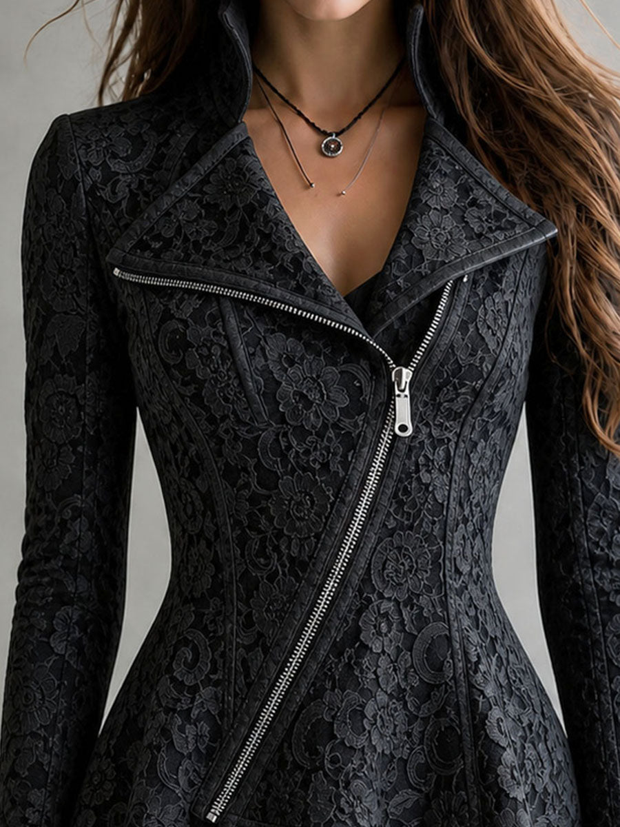 Giacca biker nera retrò con zip diagonale e pizzo – dettaglio 2