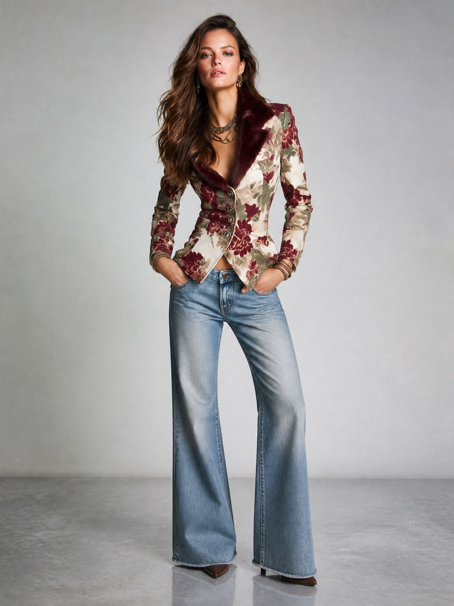 Blazer retrò floreale bordeaux con colletto in pelliccia ecologica – dettaglio 2
