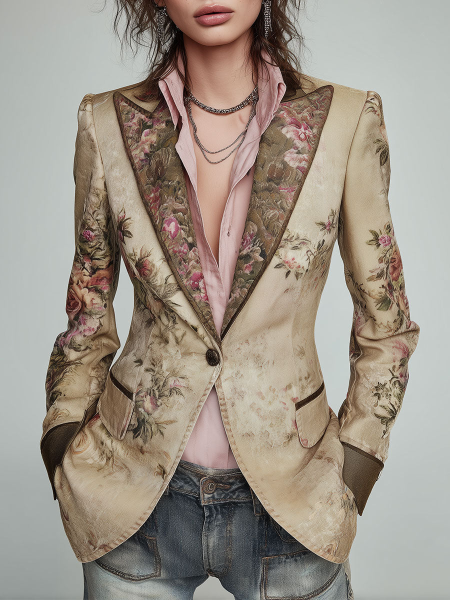 Blazer beige slim fit con stampa floreale – vista frontale