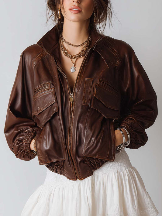 Giacca cargo boho in ecopelle marrone – vista frontale