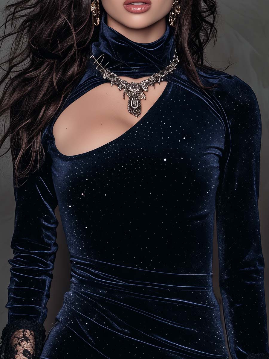 Abito mini blu navy in velluto brillante con pizzo – dettaglio 3