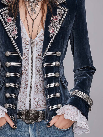 Blazer militare blu navy in velluto con ricami floreali – dettaglio 2