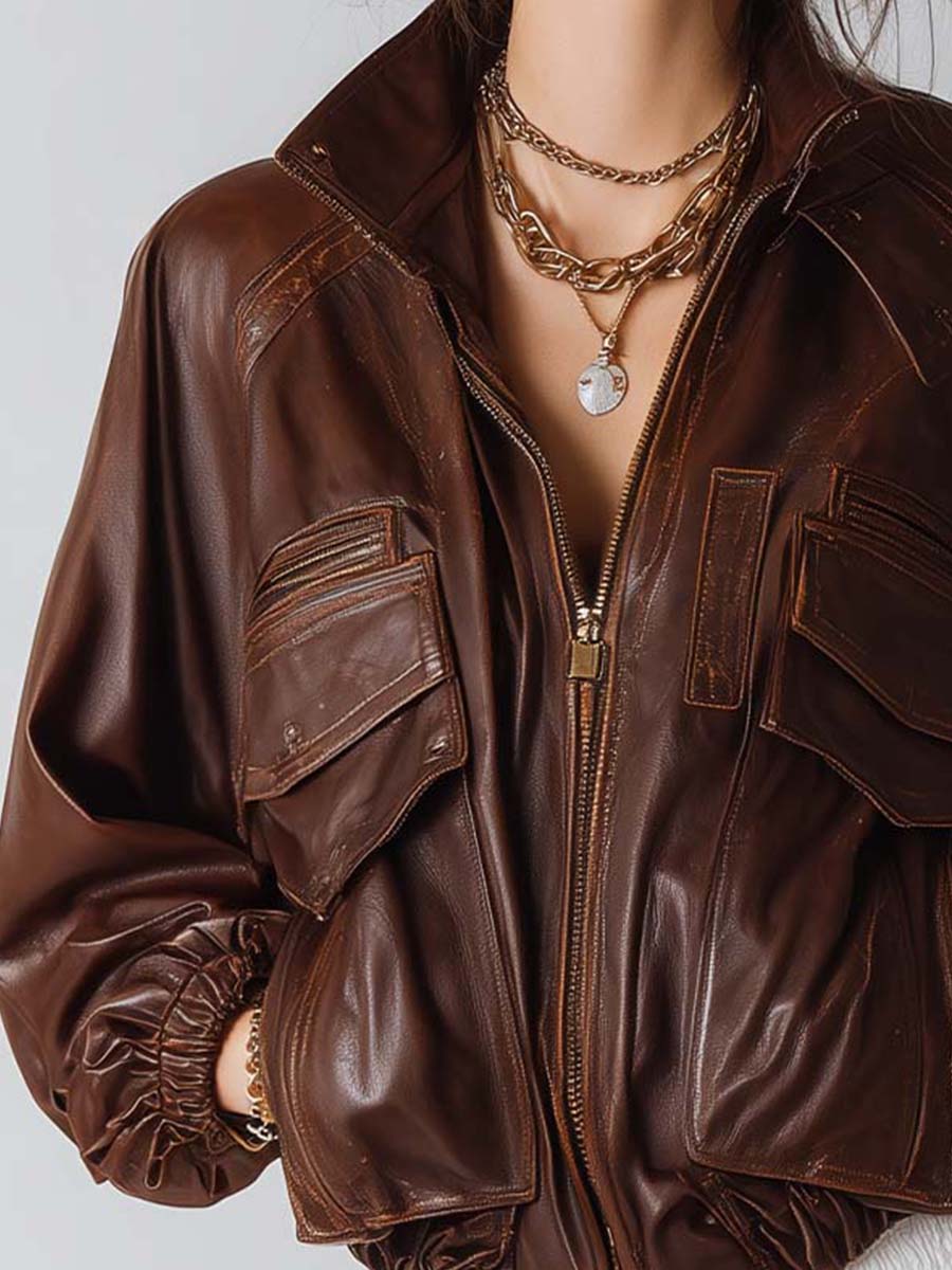 Giacca cargo boho in ecopelle marrone – dettaglio 2