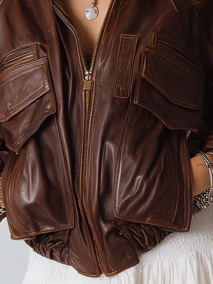 Giacca cargo boho in ecopelle marrone – dettaglio 3