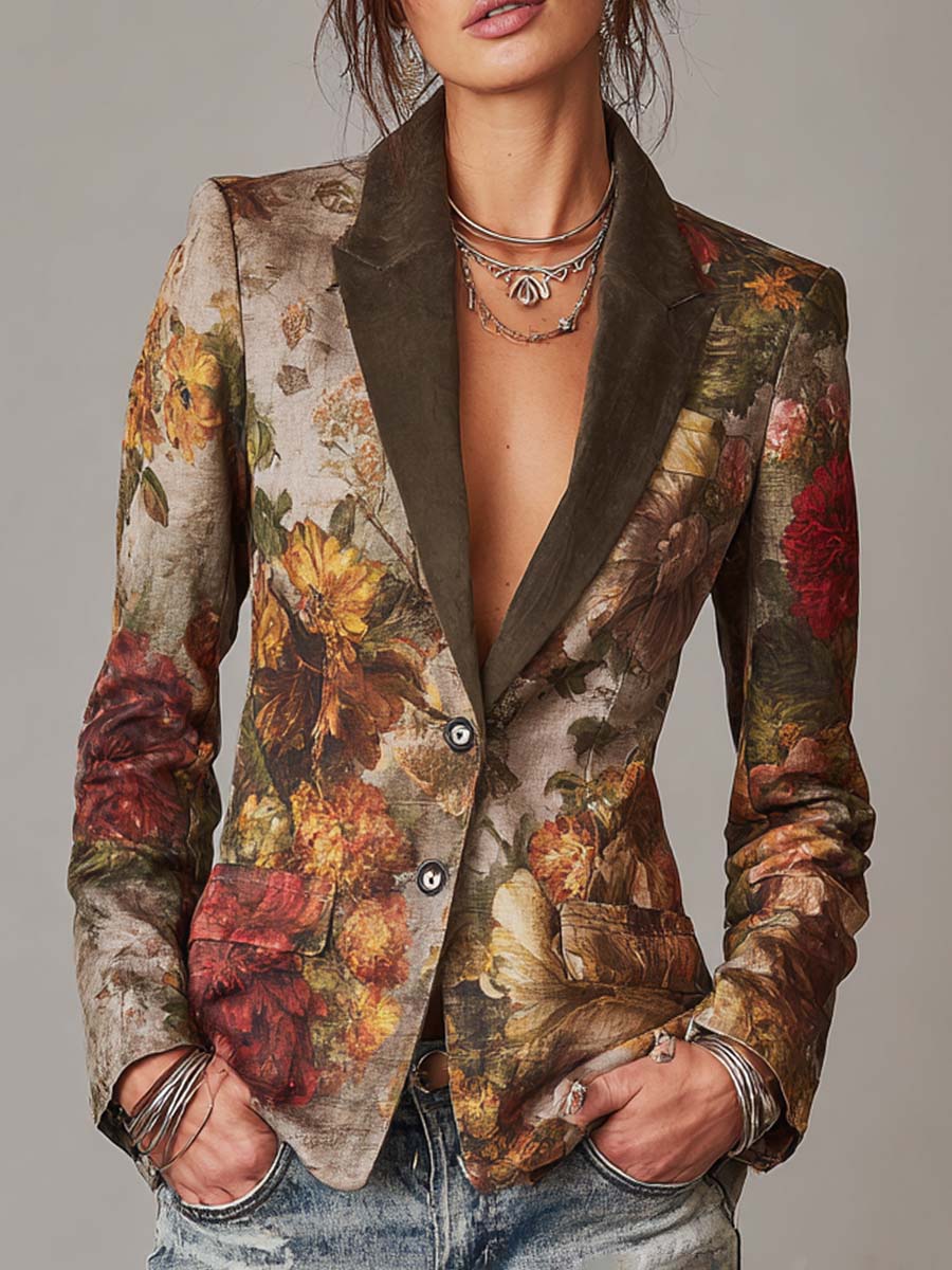 Blazer vintage a fiori con colletto a contrasto – vista frontale