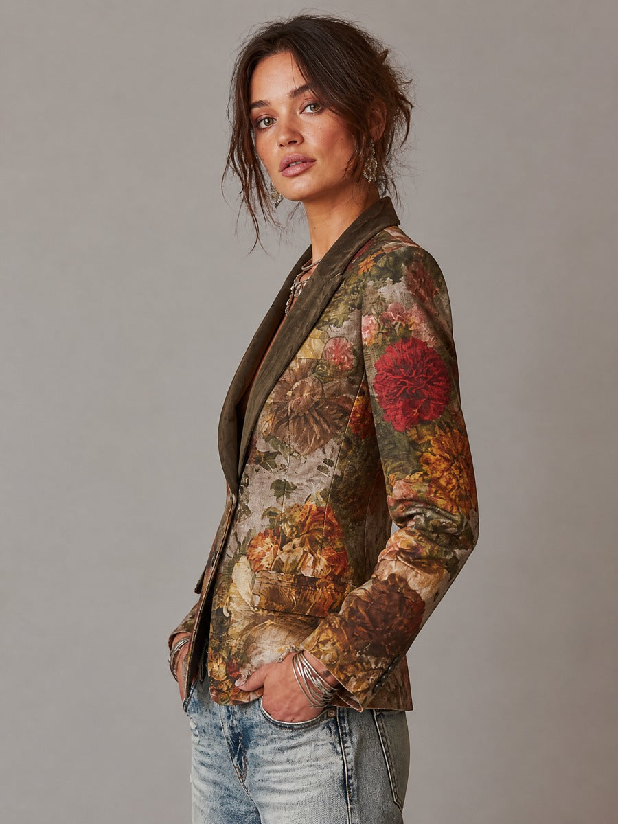 Blazer vintage a fiori con colletto a contrasto – dettaglio 2