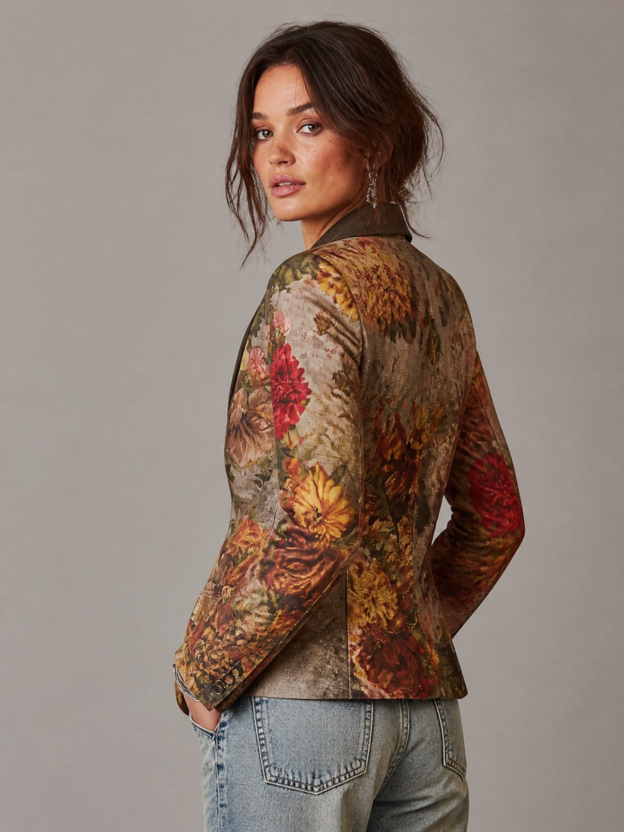 Blazer vintage a fiori con colletto a contrasto – dettaglio 3