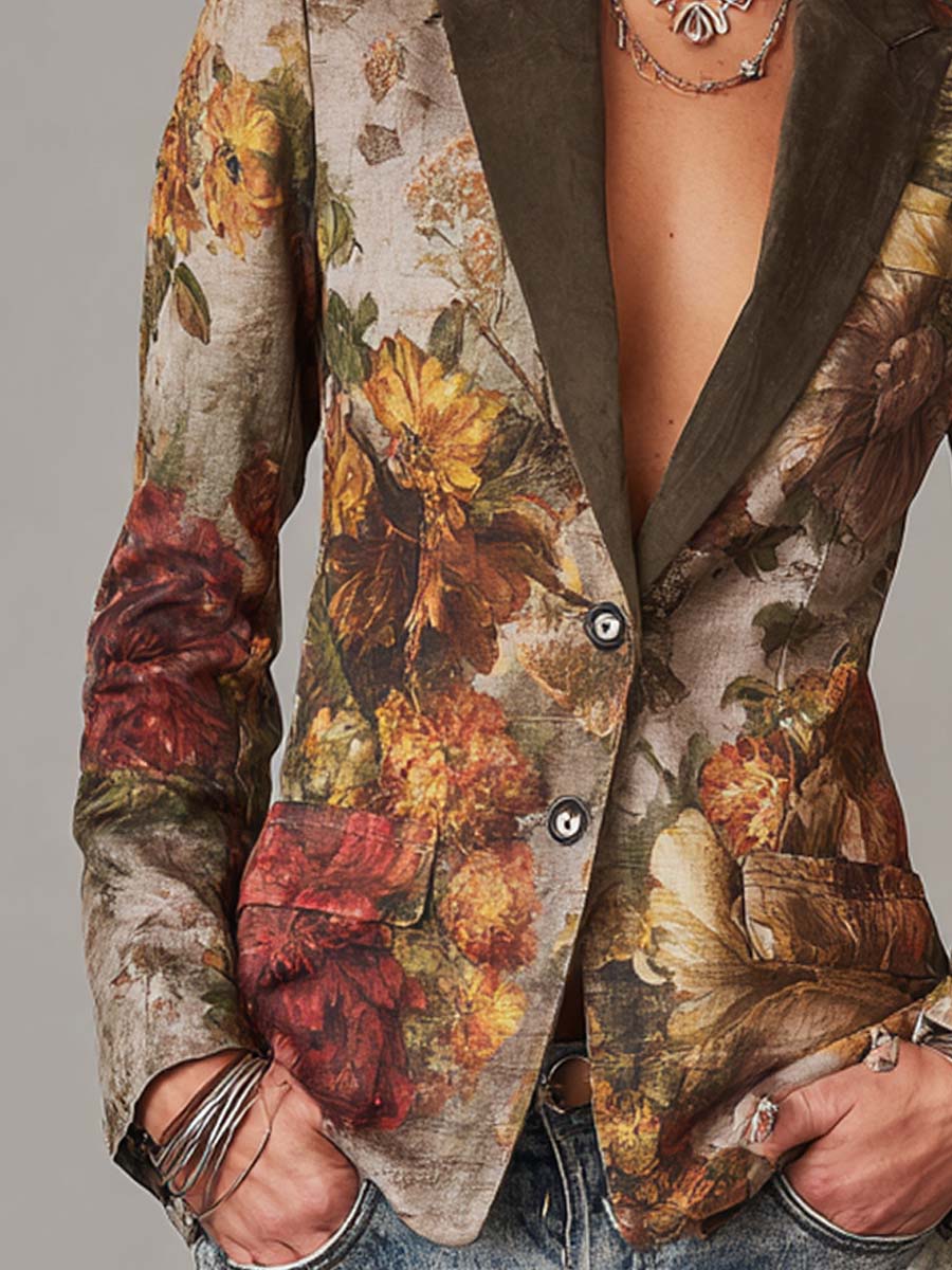 Blazer vintage a fiori con colletto a contrasto – dettaglio 4