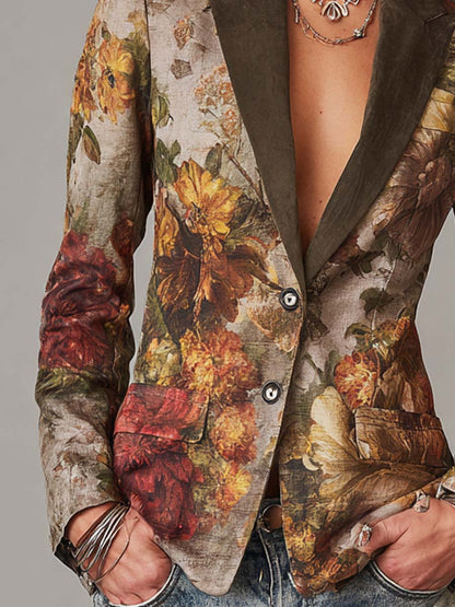 Blazer vintage a fiori con colletto a contrasto – dettaglio 4