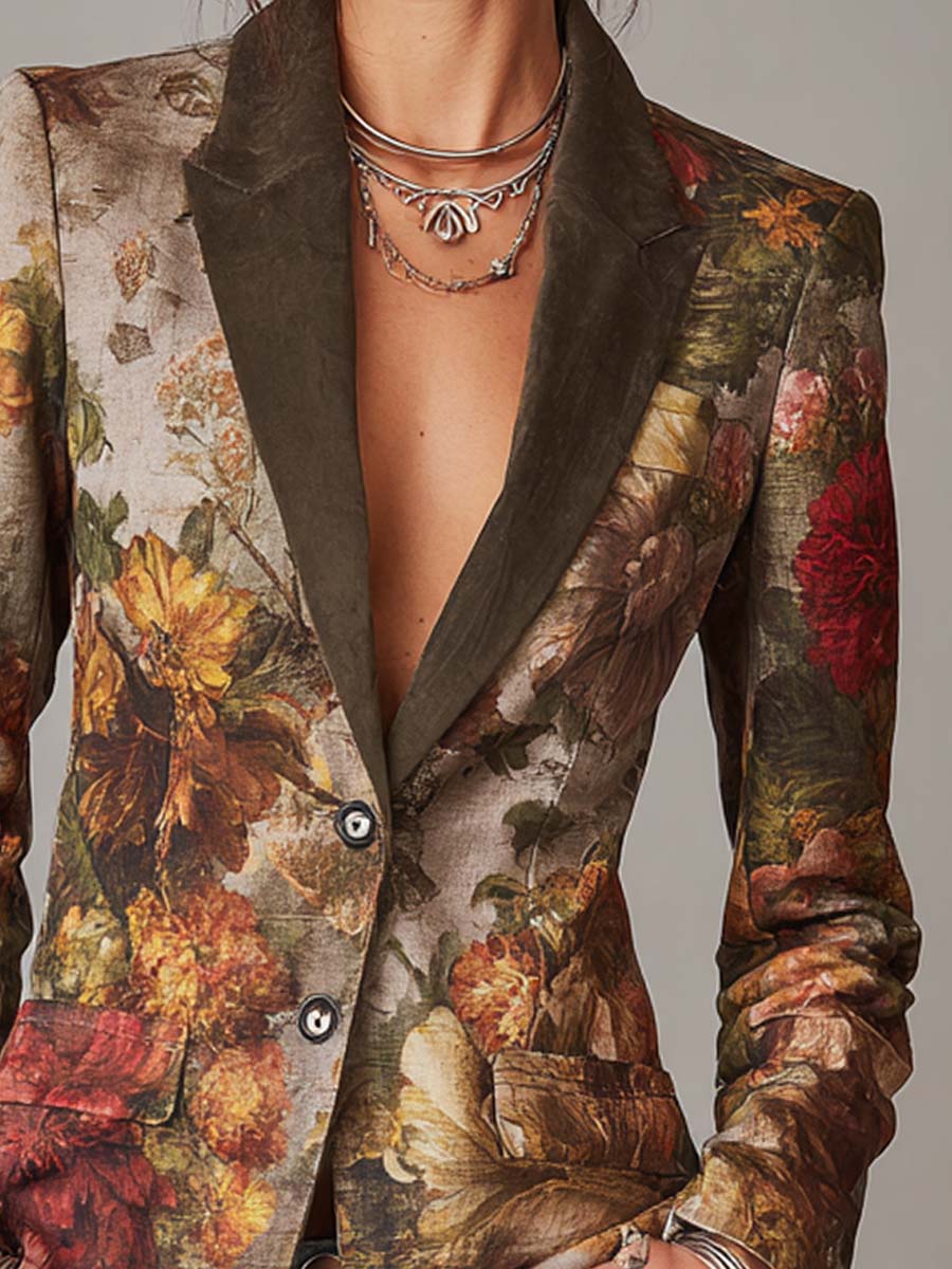 Blazer vintage a fiori con colletto a contrasto – dettaglio 5