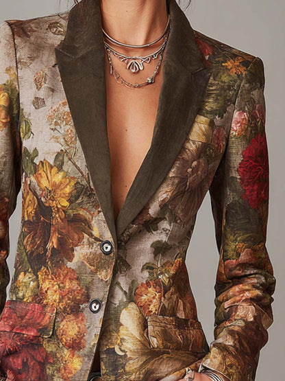 Blazer vintage a fiori con colletto a contrasto – dettaglio 5