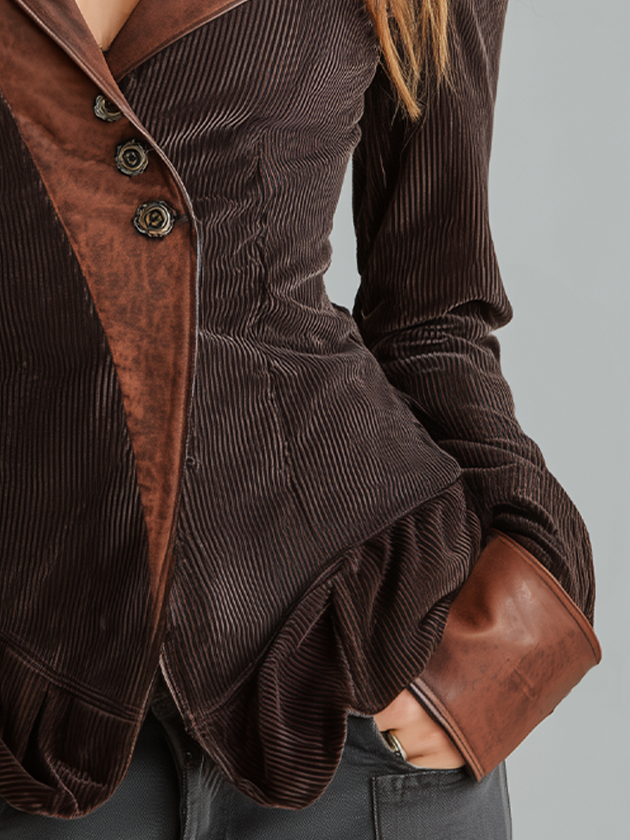 Giacca vintage marrone cioccolato con revers a contrasto e volant – dettaglio 3