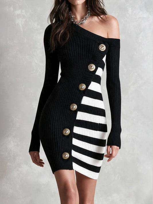 Abito in maglia nero monospalla con righe a contrasto – vista frontale