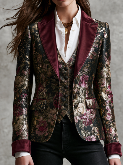 Blazer floreale barocco con bordi in velluto bordeaux – vista frontale