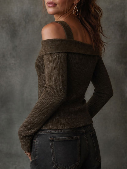 Maglione retrò a coste verde oliva con spalle scoperte – dettaglio 2