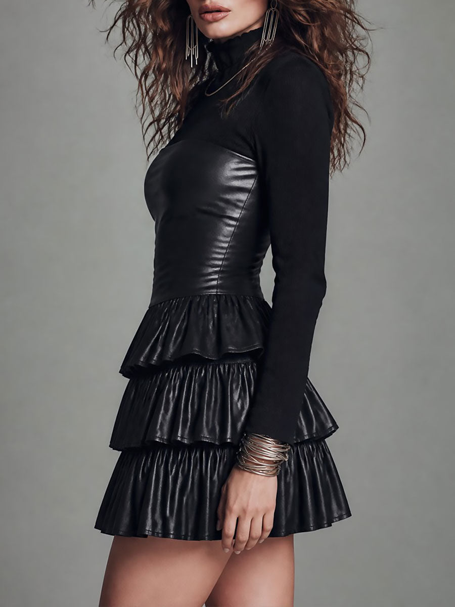 Abito mini nero boho in ecopelle con volant – dettaglio 2