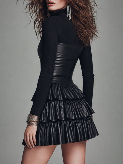 Abito mini nero boho in ecopelle con volant – dettaglio 3