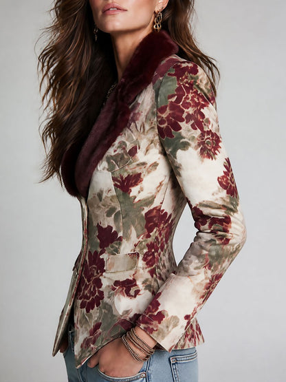 Blazer retrò floreale bordeaux con colletto in pelliccia ecologica – dettaglio 3