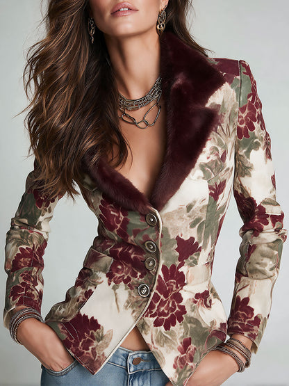 Blazer retrò floreale bordeaux con colletto in pelliccia ecologica – vista frontale