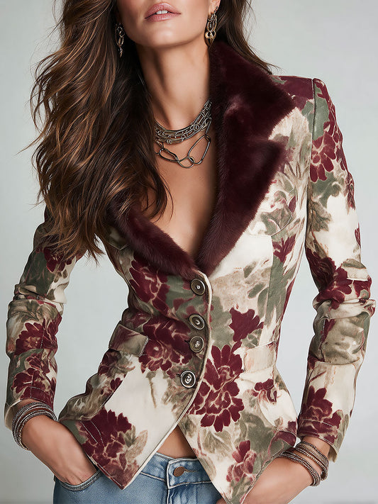 Blazer retrò floreale bordeaux con colletto in pelliccia ecologica – vista frontale