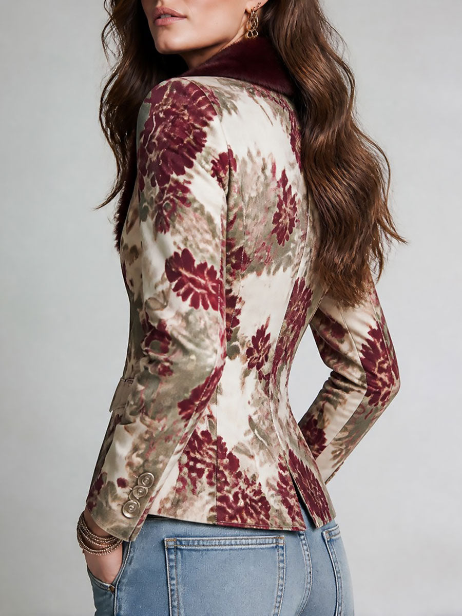 Blazer retrò floreale bordeaux con colletto in pelliccia ecologica – dettaglio 4